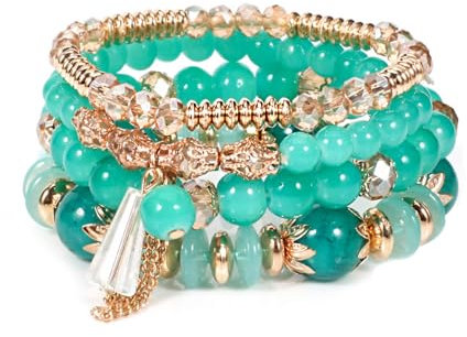 APMGONT Boho Kristall Perlen Armband, 4 Stück Boho Quaste Armbänder für Damen, Natürliches Kristall Heilsteine Armband, Statement Armreifen für Weihnachten, Valentinstag, Geburtstag (Grün)