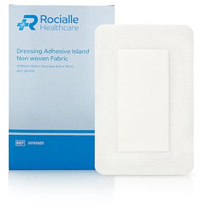 Rocialle Healthcare Non-Woven Adhesive Dressings - Hypoallergenic Plasters with Absorbent Pad, Water-Resistant Backing - 10cm x 15cm (50 Count)
