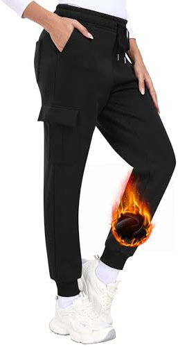 MoFiz Pantalon Jogging Polaire Femme Hiver Pantalon Cargo Coton Chaud Doublé en Sherpa Bas de Survêtement Pantalon de Sport Décontracté Travail Randonnée avec Poches Noir Taille L