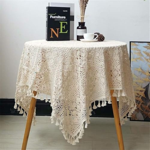 FMIYJUN Rechteckige Häkel-Tischdecke, beige, Deckchen, Baumwolle, Vintage-Spitze, rechteckige Küche, böhmische Tischdecken für Party, Bankett, Esszimmer, Hochzeitsdekorationen