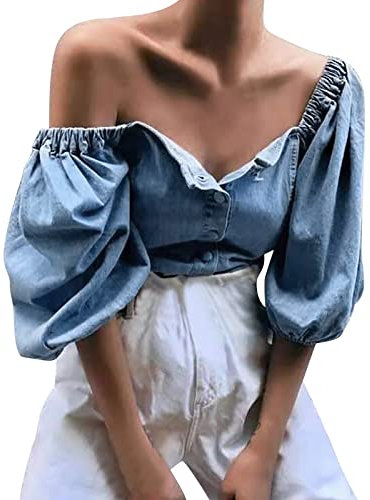 Womens Denim Shirt Blouse Off Shoulder Denim with Puff Sleeves Casual Sexy Jeans Jacket Outwear Half Sleeve Button Up Casual Solid Summer Tops (Blue, L)