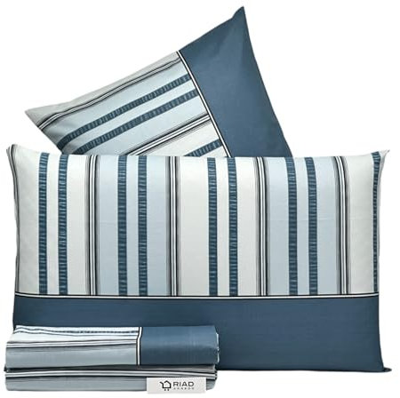 Riad Arredo Set Completo Letto Matrimoniale in PERCALLE 100% Cotone Morbidissimo - Completo Lenzuola in Percalle di Cotone (Linee Blue)