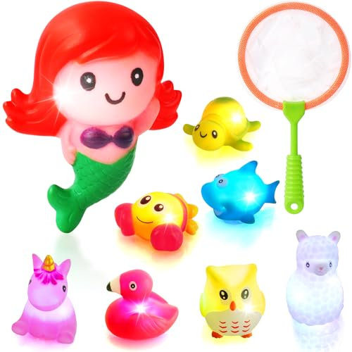 Ainiv Badewannenspielzeug, 9 Stück Schwimmende LED-beleuchtete Badespielzeuge für Baby, Beleuchtetes Farbigem Glitzer Schwimmendes Tierspielzeug mit Fischernetz für Kinder Autismus-Sinnesspielzeug