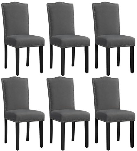 Yaheetech Lot de 6 Chaises de Salle à Manger avec Haut Dossier Design Boutons Bronzés Chaises de Cuisine en Tissu pour Table à Manger, Fauteuil de Salon Pieds en Bois 43 × 58,5 × 97 cm Gris Foncé