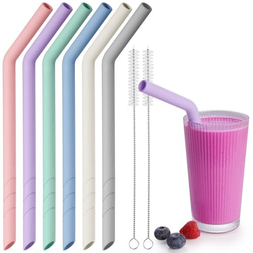 NiHome Lot de 6 pailles en silicone réutilisables, extra larges, pour boba, smoothies et thé aux bulles, longueur découpable, sans BPA, avec 2 brosses de nettoyage, passent au lave-vaisselle (macaron)