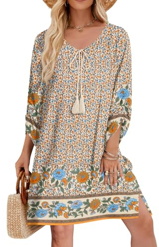 Zeagoo Mothers Day Womens Summer Beach Dresses Casual Loose Long Sleeve Tunic Dress Swing Falred A Line Bikini Coverups Beige L