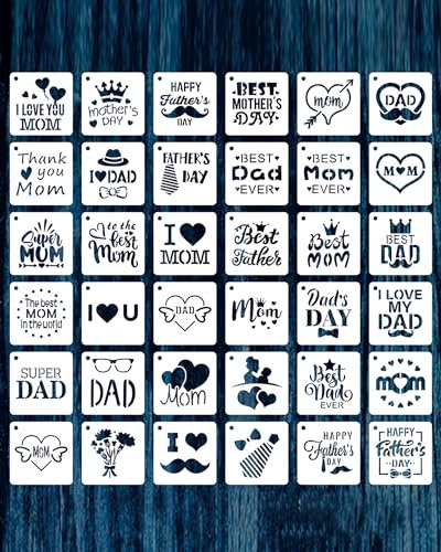 36 Stück Muttertag & Vatertag Schablonen Set 7.6x7.6cm – Wiederverwendbare Malschablonen und Bastelschablonen für DIY, Möbel, Holz & Scrapbooking – Kreatives Geschenk für Eltern & Kinder