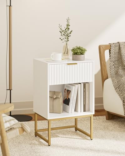 HEYZOEY Mesita de noche moderna, mesita auxiliar con cajón, mesita de noche de nogal de madera para salón, dormitorio, oficina (blanco)