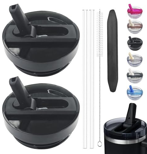2 Pack 40 oz Detachable Flip Straw Lid for Stanley Quencher ProTour, Leak Proof for Stanley Lid Replacement Spill Proof Reusable Tumbler Cover Compatible with Stanley Cup (Black)