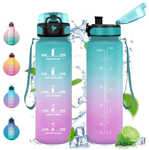 Vikastar Botella Agua, 500ml, Botella de Agua Deportiva, Botella con Filtro de Agua, Libre de BPA, Botella de Agua, Cantimplora para Deportes, Fitness, Yoga, Verde-Rosa