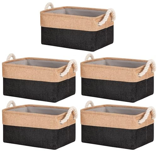 SOALSUIS 5 Pack Storage Baskets for Shelves with Cotton Rope Handles, Foldable Fabric Canvas Material Storage Boxes Organiser for Clothes, Toys, Office Product (Black, 30x20x15 cm)