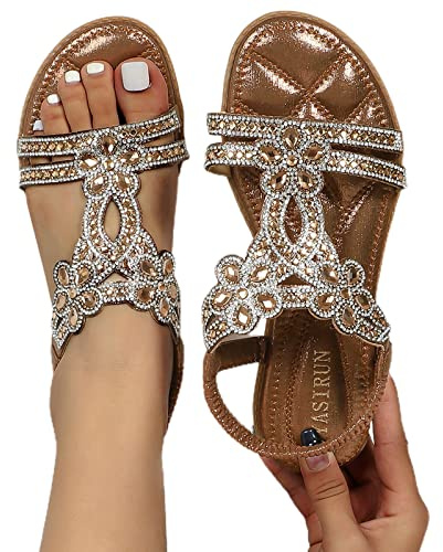 Sandalen Damen Sommer Elegant Boho Flache Sandalen mit Strass Glitzer T-Riemen Sommerschuhe Flip Flops Weichen Sohlen Bequem Sandaletten Freizeit Gummiband Slingback Strandsandalen