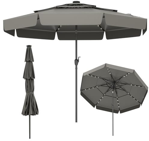 RELAX4LIFE Parasol Droit Inclinable avec LED Solaire | Parasol de Jardin Extéieur 3M LED | Toit Ventilé à 3 Couches | Inclinaison 35° | Manivelle | 8 Baleines | Balcon Terrasse (Gris-Volants)