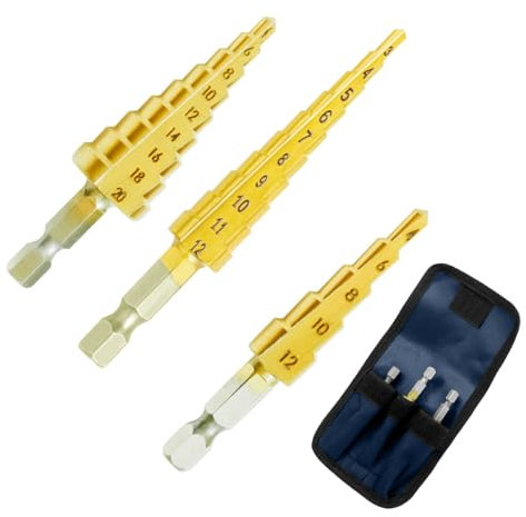 Garegce 3PCS HSS Step Drill Bit Set, High Speed Steel Step Bits Titanium Coated, Cone Hole Cutter 3-12mm, 4-12mm, 4-20mm, for DIY Lover Wood, Metal, Stainless Steel, Plastic, Aluminum, PVC Sheet