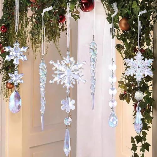 18pcs Crystal Snowflake Christmas Tree Ornaments Hanging Christmas Baubles | Christmas Crystal Snowflake Ornaments Acrylic Snowflakes Icicles Clear Teardrops Curtain Prism Decorations