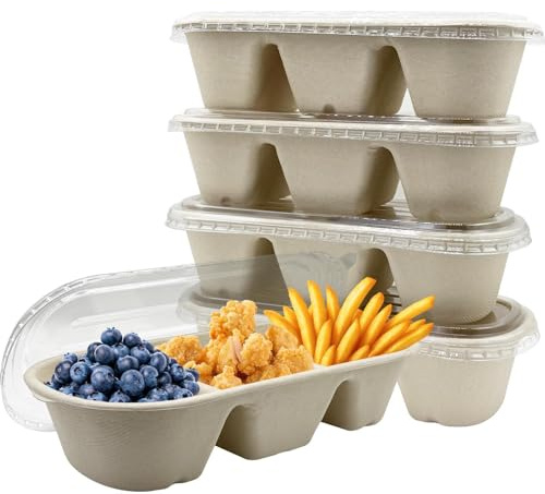 La Llareta 20 Stück Ovale 3-Fach Bento-Box, 1100ml Einweg-Lunchboxen mit Deckel, Öl- & Wasserfest, Biologisch Abbaubar, Meal Prep Box für Takeaway & Picknick