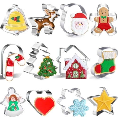 FINEVERNEK 12 Stück Ausstechformen Weihnachten Edelstahl Plätzchen Ausstecher Weihnachten Backzubehör, DIY Plätzchen Ausstechform, Weihnachtsbaum, Lebkuchenmann, Schneeflocke, Weihnachtsmann