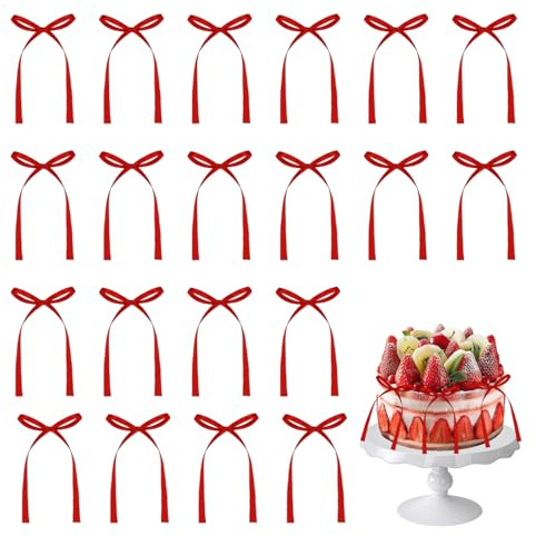 Xanthelle Torten Deko, 20 Stück Rote Schleifen Cake Topper, Tortendeko Schleife für Geburtstag Frau & Hochzeit, Cupcake Dekoration Deko Torte Schleifen Party