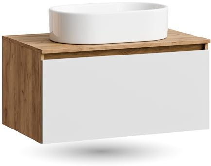 Planetmöbel Arisa Waschtisch mit Unterschrank 80 cm Gold Eiche | weiß, Waschbecken 55 cm weiß, Raumsparsiphon