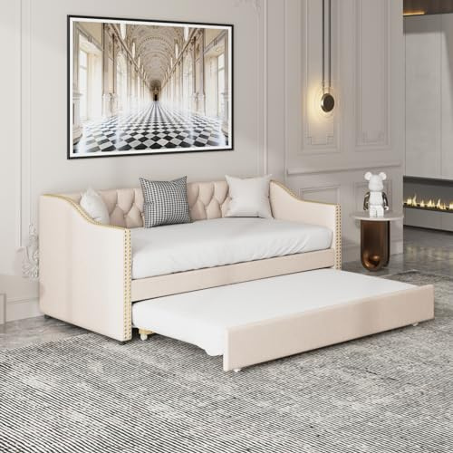Polsterbett Schlafsofa 90/180x200 cm,Schlafsofa mit Lattenrost Tagesbett Ausziehbar Schlafcouch 2 Personen Doppelbettsofa Sofa mit Schlaffunktion Multifunktionales Sofabett ,ohne Matratze (Weiß)