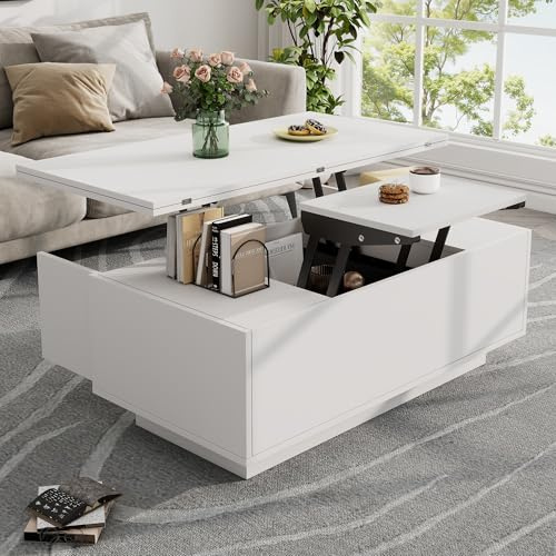 Bladez Couchtisch mit höhenverstellbarer Platte | 2-in-1 Multifunktionstisch, Mit 2 Schubladen & Schrank | Weiß & Holzumwandelbar in Esstisch | (White 2+ Particle Board)