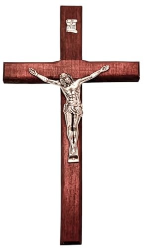 Sariputa Kruzifix Wandkreuz aus Holz 20 × 11,5 cm, Katholisches Kreuz mit Jesus Christus aus Legierung, Christliche Wanddekoration in Platinoptik für Kirche, Zuhause und Wohnzimmer
