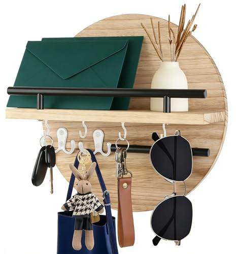 LUPATDY Porte Clef Mural Vintage Bois Massif, Etagere Murale avec Crochets, Tableau à Clés en Bois avec Rangement, étagère Murale pour Couloir, Cuisine, Chambre à Coucher, Salon