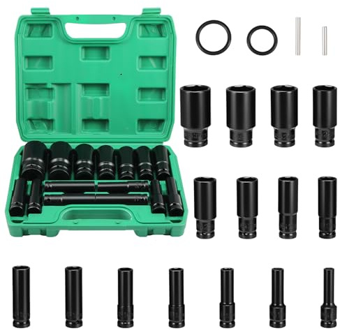 WiMas 15PCS Deep Impact Socket Set 1/2 Inch Metric Drive Tool Set Impact Wrench Nut Set 8-32mm Hex Socket Adapter for Car Repairs Tyre Change