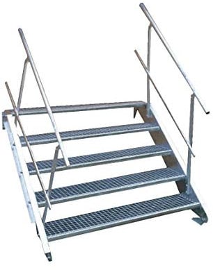 5 Stufen Stahltreppe mit beidseitigem Geländer/Breite 100 cm Geschosshöhe 70-105cm / Robuste Außentreppe/Wangentreppe/Stabile Industrietreppe für den Außenbereich/Inklusive Zubehör