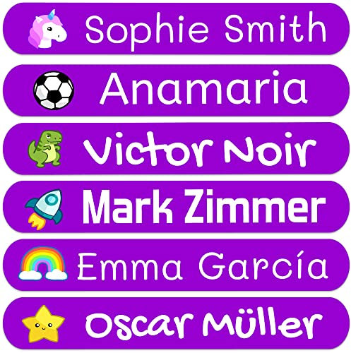 50 Personalisierte Namensaufkleber für Kinder. Klebeetiketten zum Beschriften von Schule, Kindergarten, Büchern, Spielzeug, Tupper. Wasserdichte Etiketten 6x1 cm