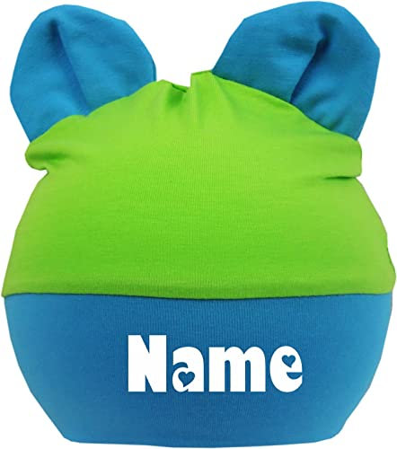 Kleiner Fratz Kinder Baby Mütze mit Ohren Jungen Mädchen Babymütze Hat mitwachsend mit Namen des Kindes (Gr.1 (KU 35-42) (Gr. 56-74), royal-lime)