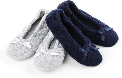Isotoner Women's 2 Pack Ballerina Slipper Ballet Flat, Light Grey Quilted, Navy Blue Solid, 9.5/10 UK