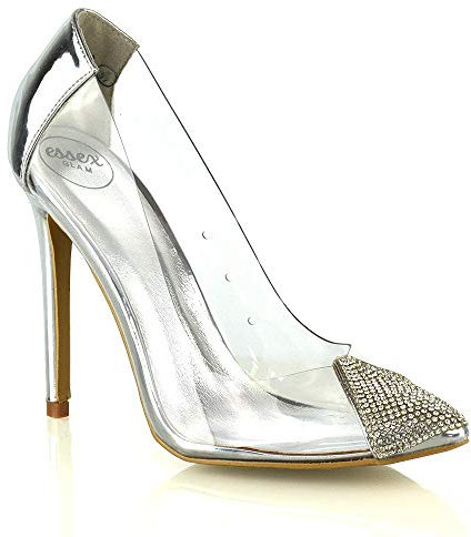 New Womens High Heel Shoes Ladies Perspex Diamante Point Toe Slip On Pumps Silver Metallic