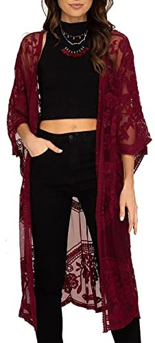 L-Peach Donna Pizzo Floreale Kimono Abito da Spiaggia Parei Copricostume Copribikini Cover ups