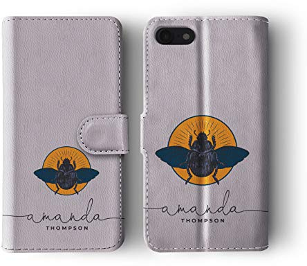 Tirita Personalised Leather Flip Wallet Phone Case with Card Holder Compatible with iPhone X & Xs - Spiritual Elements [18 - Pastel Purple Beetle ]