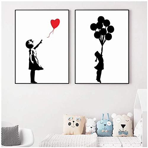 kunstdrucke Mädchen mit Ballon Banksy Poster Wandkunst Drucke Leinwand Malerei Schwarzweiß Wandbilder Street Art Home Decoration - (50x70cm) x2pcs Rahmenlos