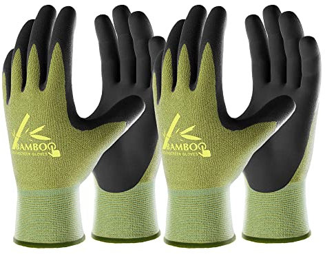 COOLJOB Guanti da giardinaggio per donne e uomini, 2 paia di guanti da giardino in bambù con touchscreen, guanti da lavoro traspiranti rivestiti in nitrile, verde, taglia S (2 paia S)