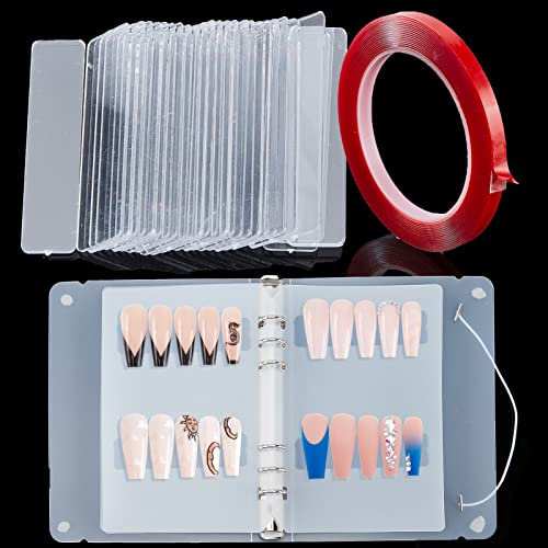 NICENEEDED Acrylic False Nail Display Set, 30Pcs Transparent Nail Art Display Stand Holder & Nail Art Book & 5M Removable Mounting Double Sided Tape for Nail Accessory