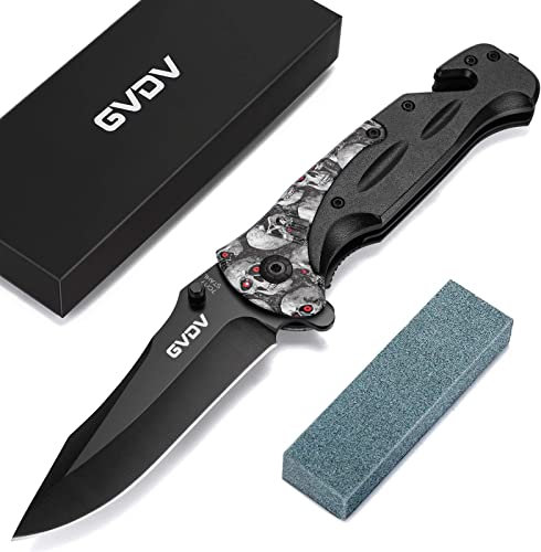 GVDV Couteau Pliant de Survie avec Brise Vitre - Couteau de Poche en Acier Inoxydable 7Cr17, Couteau de Chasse Pliable avec Lame Revêtue de Titane, Blocage de Sécurité, Boucle de Ceinture, Noir