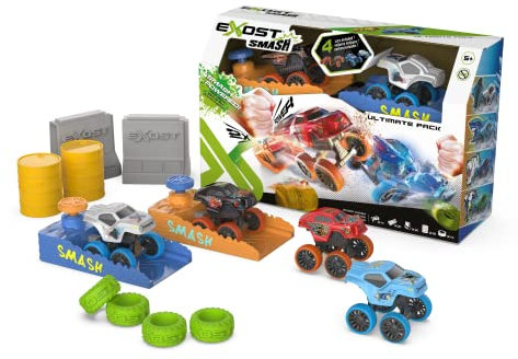 Exost Smash Pack 4 Mini Voitures à Friction 8 cm avec 2 Boosters Et Autres Accessoires, Jouet à Collectionner, pour Enfant de 5,6,7,8,9,10 Ans