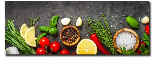 daazoo Küchenbild Fresh Mélange 30 x 80 x 0,4 cm I Glasbild | Frische Kräuter & Gewürze | Tomaten Zitrone Pfeffer Salz Chili Knoblauch Rosmarin I Bild auf Glas I Küche Esszimmer | Home Deko XXL