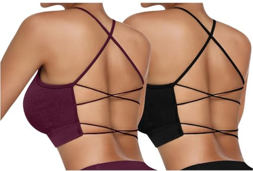 Vertvie Damen Sport BH Gepolstert Crossback Yoga Sports Bra Spaghettiträger Rücken Verkreuzt Gerippt Bustier Ohne Bügel Atmungsaktiv BH mit Abnehmbaren Cups(2pc: Schwarz + Weinrot,M)