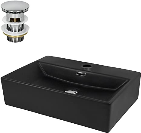 ML-Design Waschbecken aus Keramik in Schwarz matt 510x360x130mm inkl. Ablaufgarnitur, Eckige Aufsatzwaschbecken mit Überlauf, Moderne Waschtisch Waschschale Waschplatz Handwaschbecken, für Badezimmer