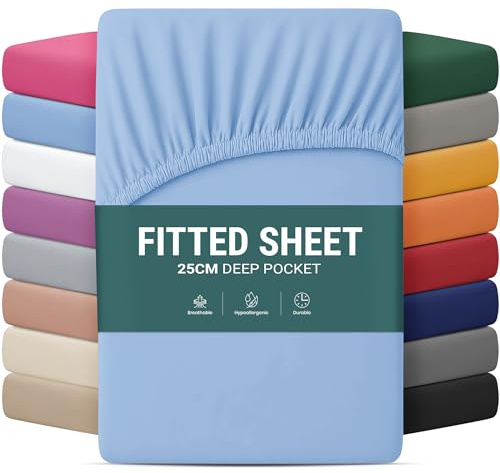 Yorkshire Bedding King Size Fitted Sheets 25 CM Deep Sky Blue Bed Sheets with Elastic Corners Soft Brushed Microfiber Fabric Breathable Shrinkage & Fade-Resistant Bedsheets