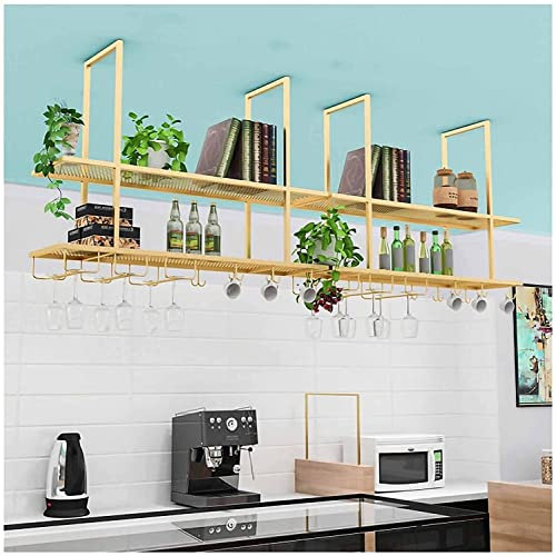 AYVADA Ceiling Rack Hanging Shelf, Unit Floating Shelf Planter, Decorative Metal Frame for Kitchen/Bar/Dining, Gold (Color : Gold, Size : 120 x 30 x 80cm)
