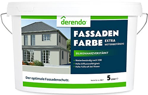 derendo Fassadenfarbe grün 5l mit EXTRA hohem Wetterschutz, matte silikonharzverstärkte Fassaden Farbe, hohe Deckkraft und gute Füllkraft bei kleinen Rissen (Kaperngrün)