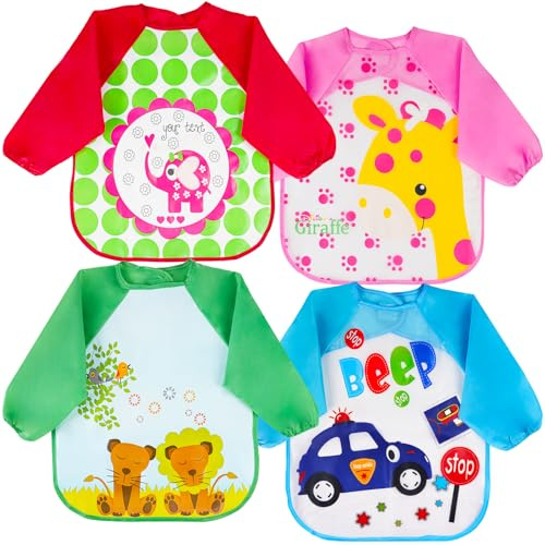 Vicloon 4 Stück Baby‑Lätzchen mit langen Ärmeln, waschbar & wasserdicht | Ärmellätzchen Ganzkörper Lätzchen Baby, Wasserdicht Babylätzchen Latz mit Ärmel für 6-36 Monate (Rot-Rosa-Grün-Blau)