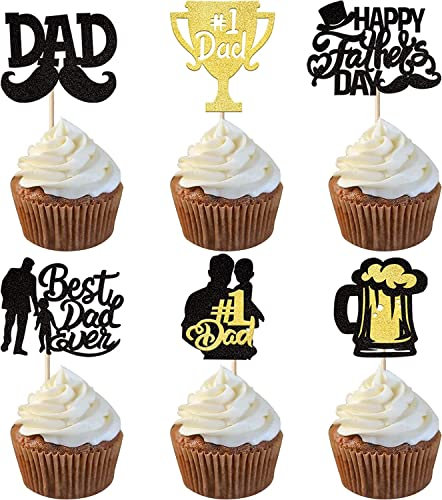 24 Stück Happy Father's Day Tortendeko Glitzer Best Dad Ever Cupcake Toppers Love Dad Moustache Hat #1 Dad Kuchen Deko für Father's Day Thema Thema Geburtstag Party Schwarz Gold