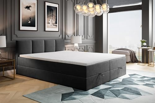 TRADA Boxspringbett 200x200 cm mit Bettkasten & Bonellmatratze, Dunkelgrau | Modell ROYAL, Elegant Bett mit Topper