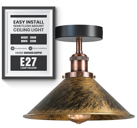 LEDSone E27 Semi Flush Mount Lighting Metal Brushed Copper Cone Shade No Bulb